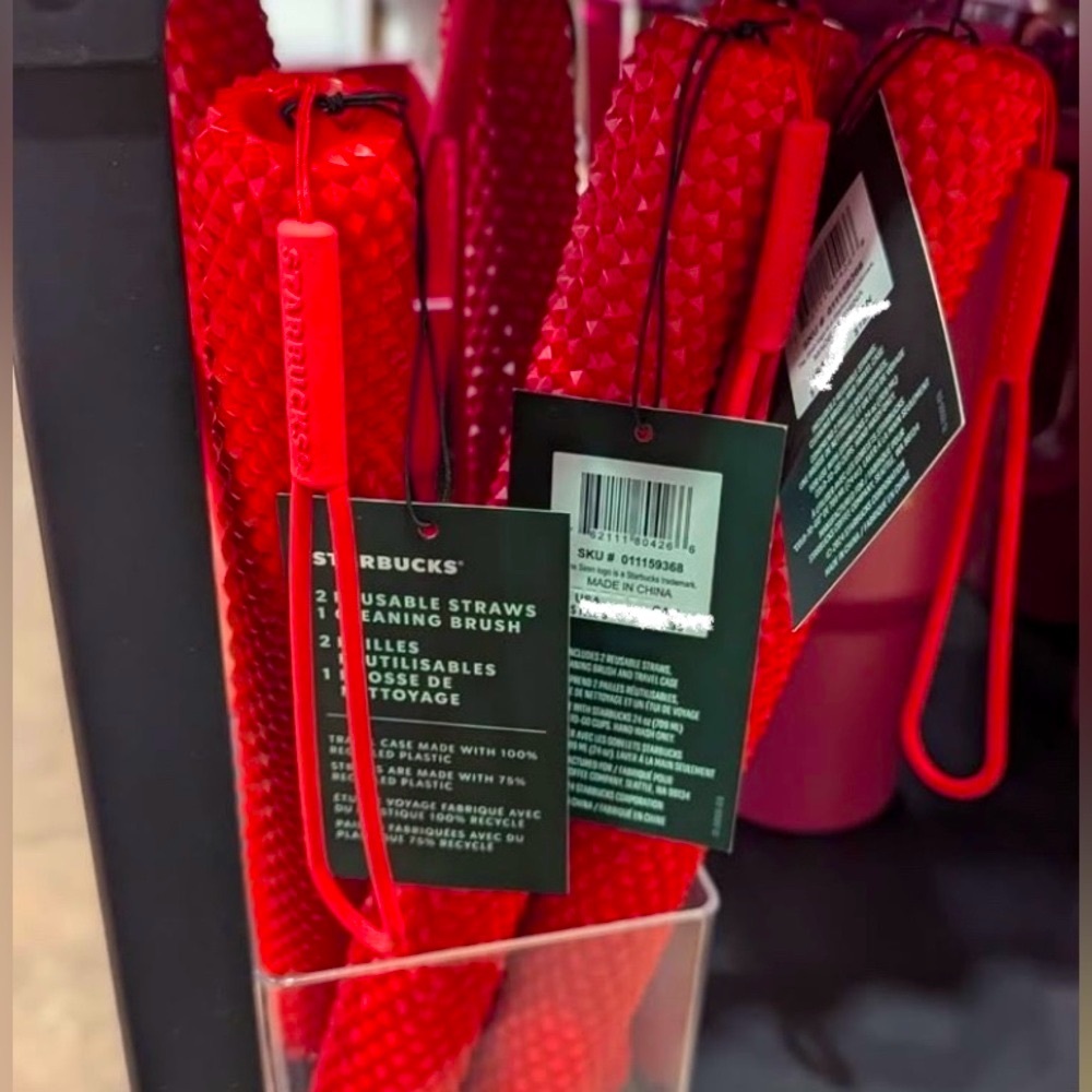 Starbucks Holiday Reusable Straws and Straw Cleaner in Red Studded Holder